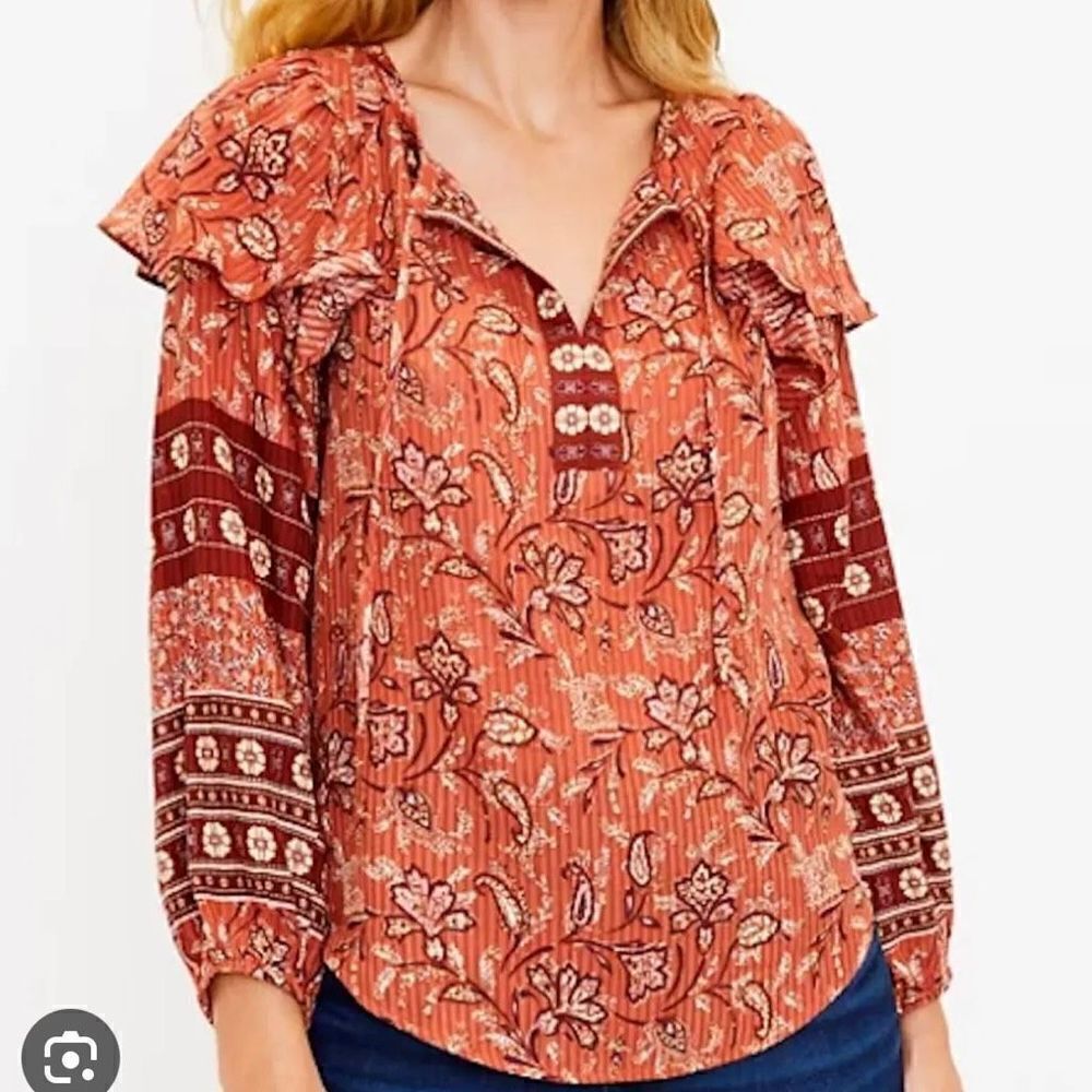 Loft burnt orange floral ruffled shoulder long sleeve blouse